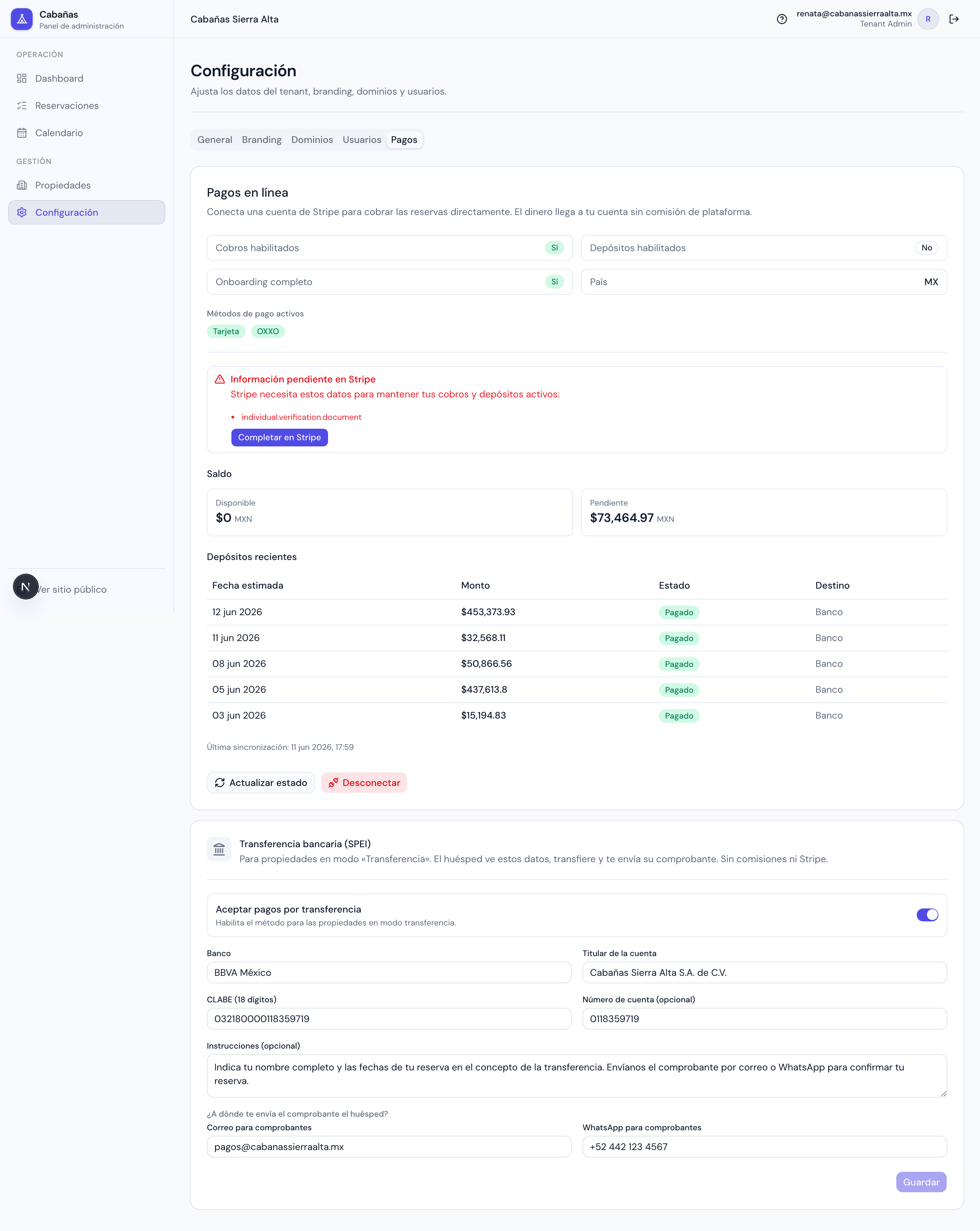 Panel de Stripe Connect en vivo: saldo, depósitos y datos de transferencia bancaria.
