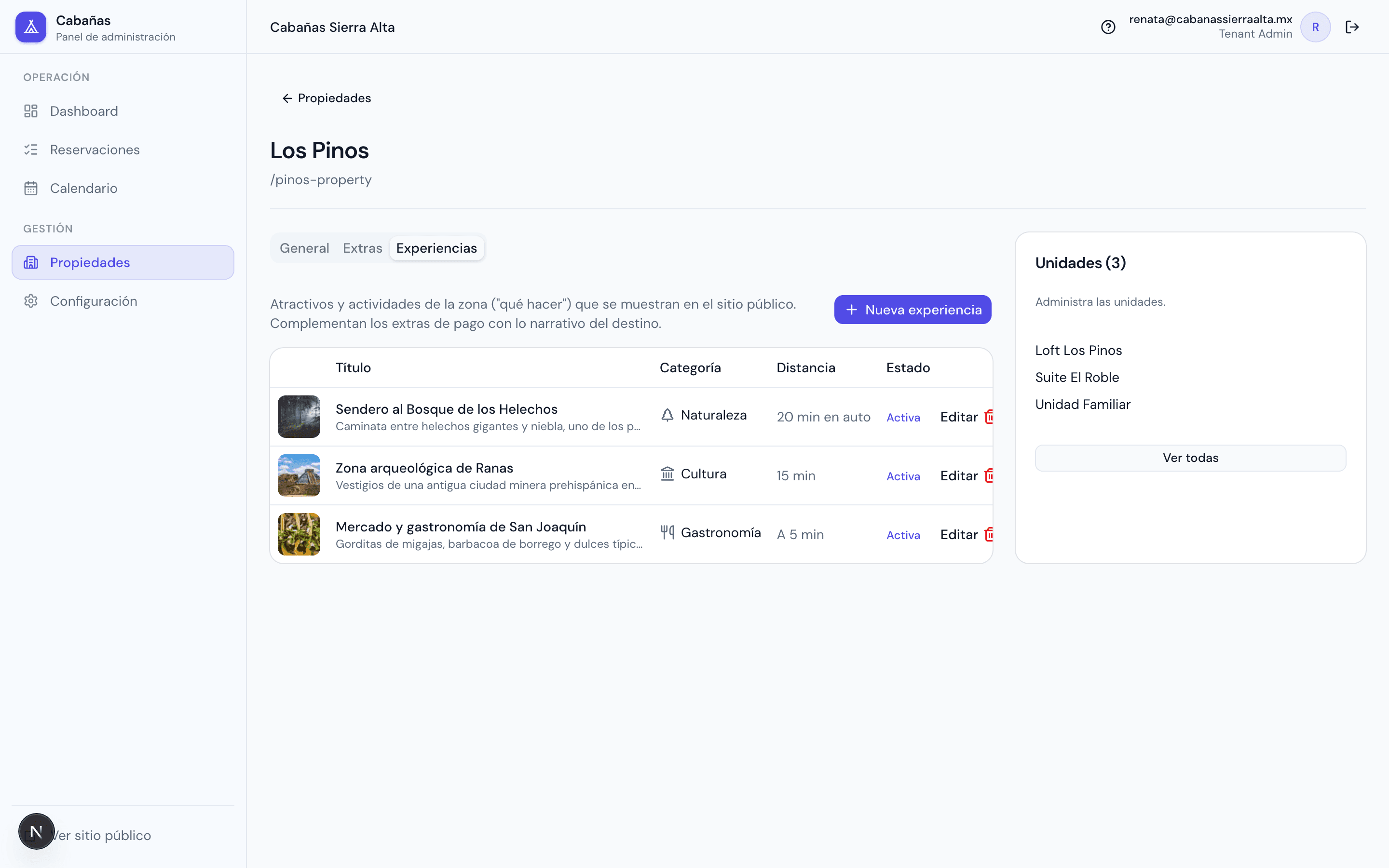 Editor de propiedad — tab Experiencias: CMS del destino.