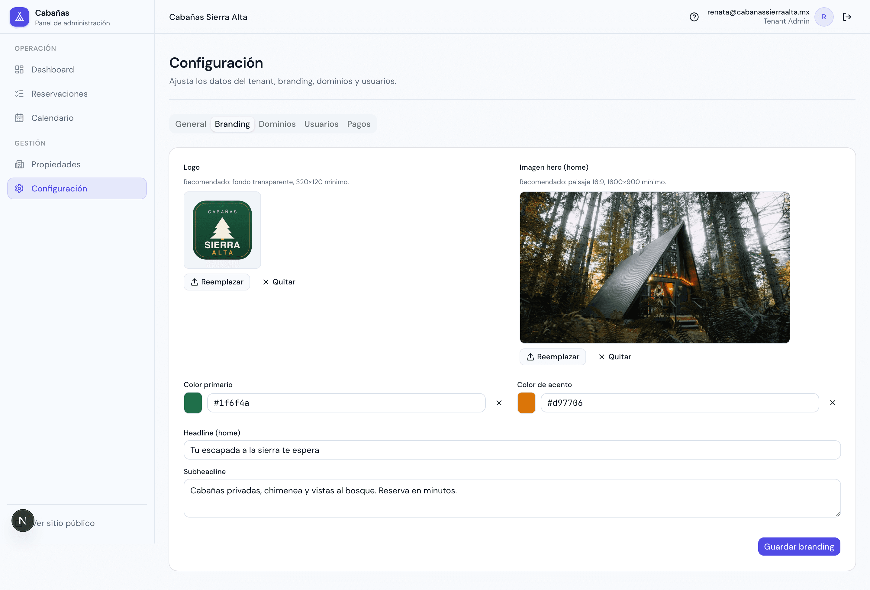 Settings — tab Branding: logo, colores y hero por negocio.