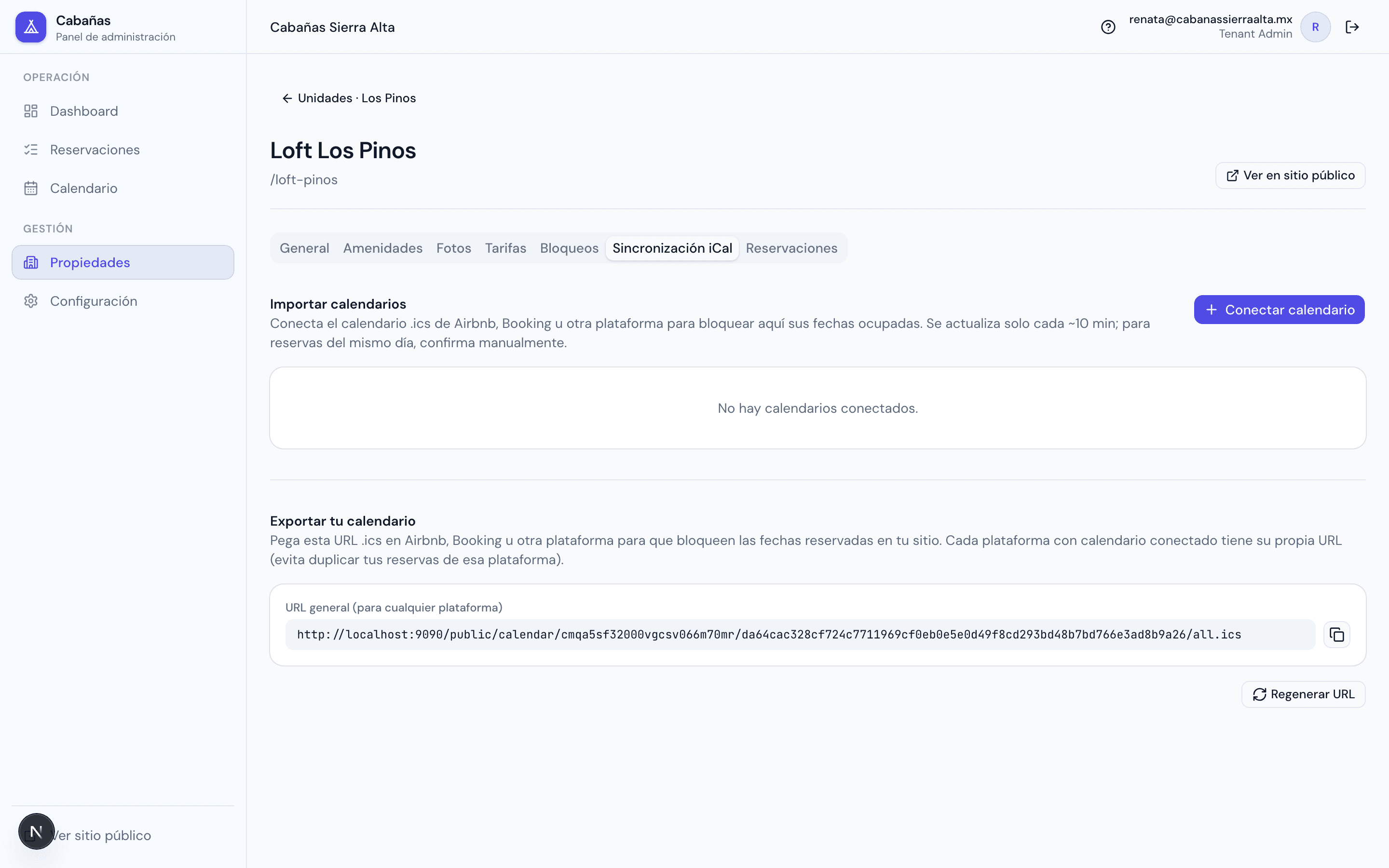 Tab de sincronización iCal del editor de unidad: importar calendarios de Airbnb/Booking y URL de exportación copiable.