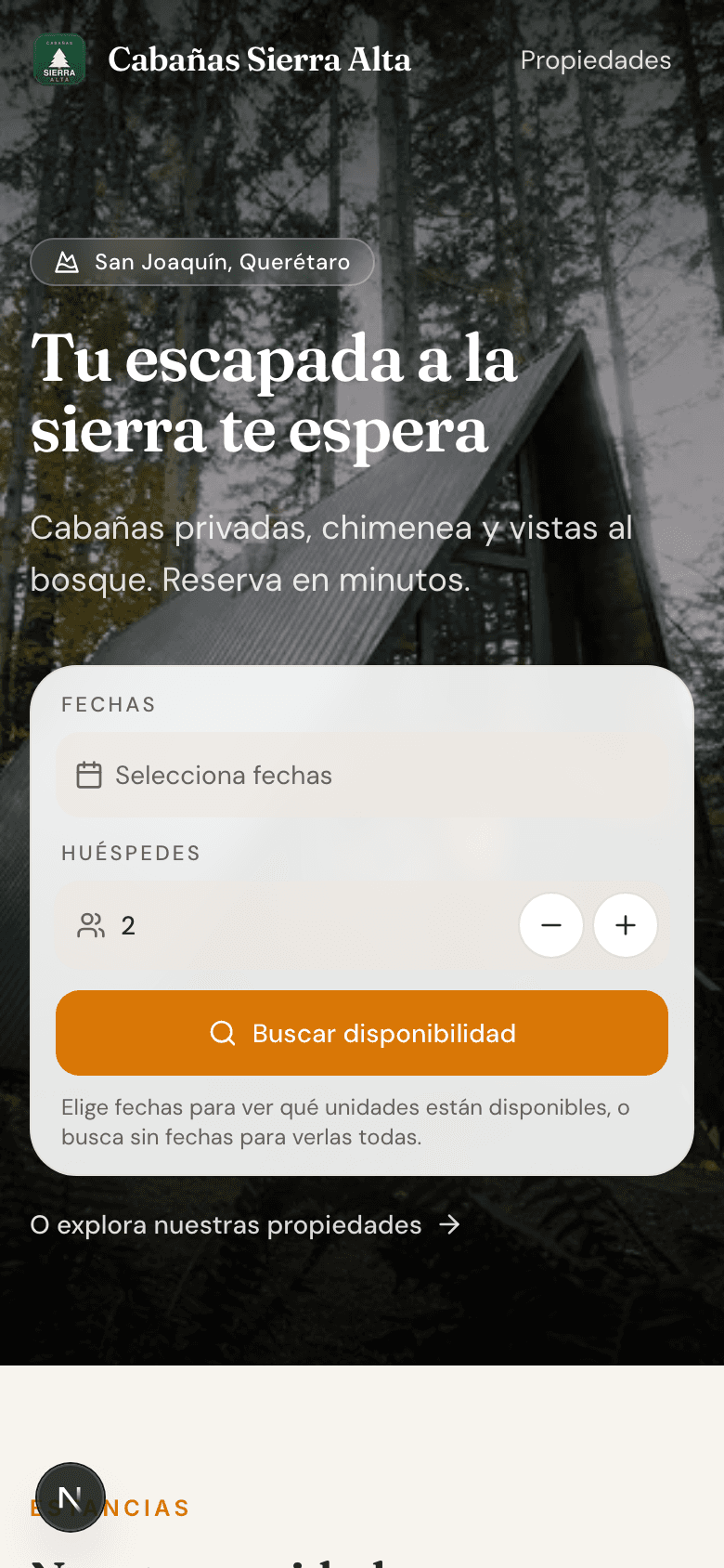 El sitio del dueño en móvil: buscar fechas y reservar en pocos toques, con la marca del dueño.