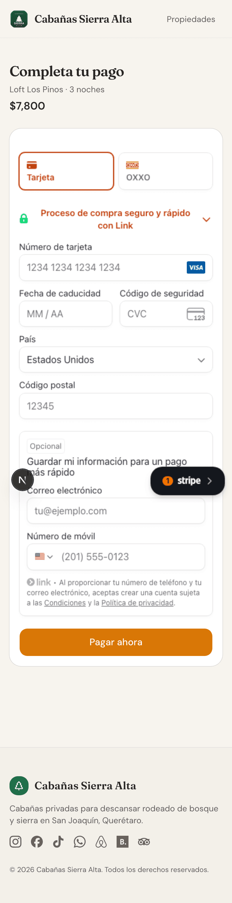 Checkout de pago en móvil: Stripe Payment Element con tarjeta y OXXO.